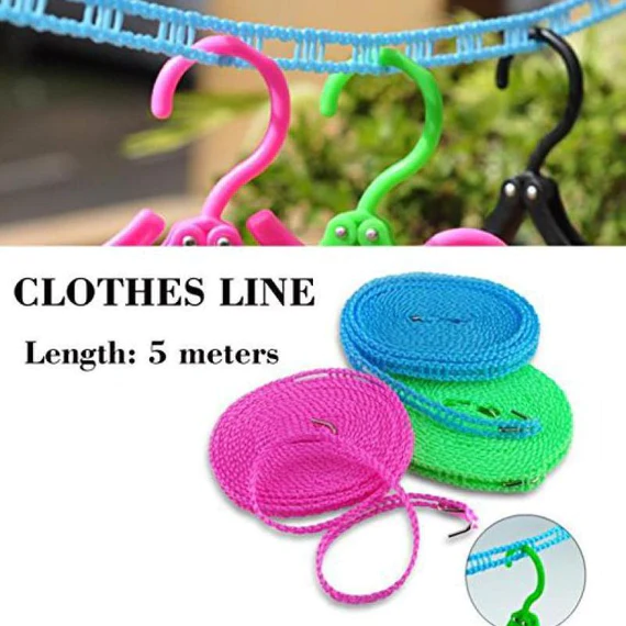 0190_fiber_rope_5mtr Clothesline Drying Nylon Rope with Hooks