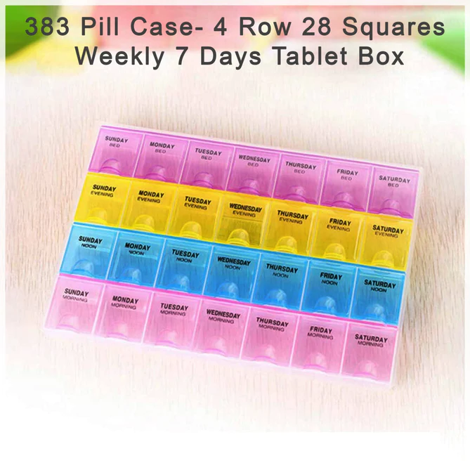 0383_pill_org_4pc Pill Case- 4 Row 28 Squares Weekly 7 Days Tablet Box Holder Medicine Storage Organizer Container