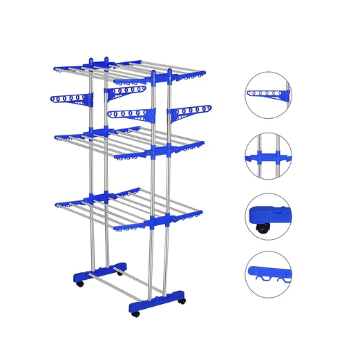 0695 STAINLESS STEEL FOLDING DOUBLE SUPPORTED 3 LAYER CLOTH DRYING STAND LAUNDRY DRYER HANGER WITH BREAKING WHEELS FOR BALCONY INDOOR AND OUTDOOR HOME, STEEL