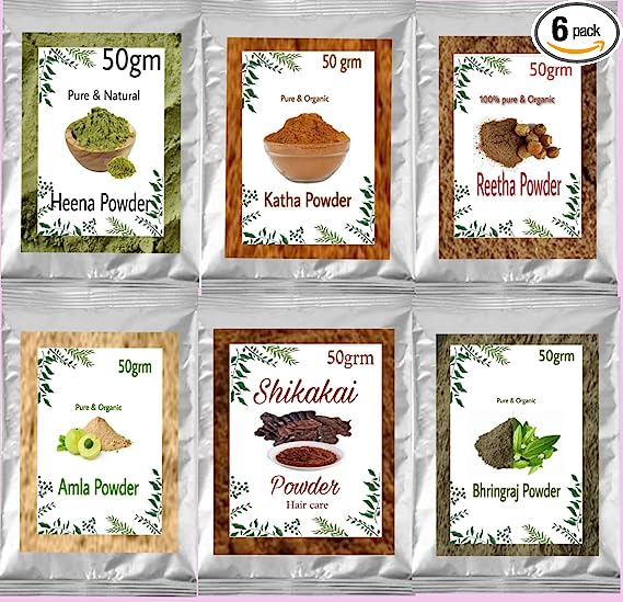 100% Natural & Organic Heena,Katha,Reetha, Amla,Sikakai,Bhingraj Powder Hair Care Combo Products(Pack Of 6 each 50grm)