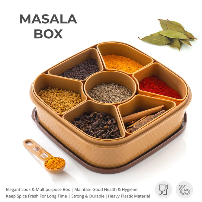 2032h-masala-box-for-keeping-spices-spice-box-for-kitchen-masala-container-plastic-wooden-style-7-sections-multi-color Masala Box for Keeping Spices, Spice Box for Kitchen, Masala Container, Plastic Wooden Style, 7 Sections (Multi Color).