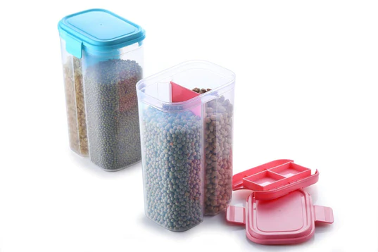 2147_2sec_container_2ltr Plastic 2 Sections Air Tight Transparent Food Grain Cereal Storage Container (2 ltr)