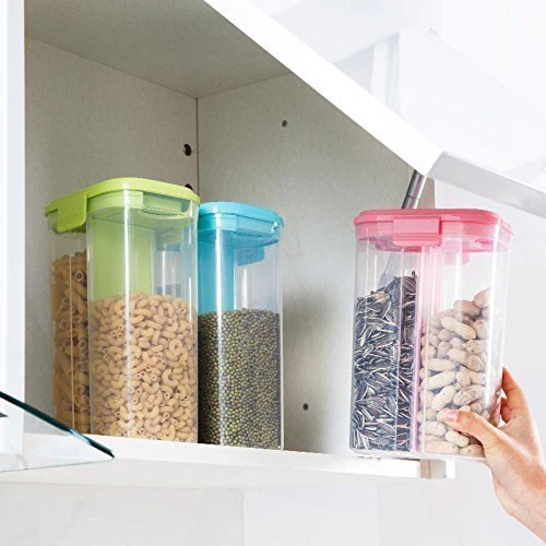 2147_2sec_container_2ltr Plastic 2 Sections Air Tight Transparent Food Grain Cereal Storage Container (2 ltr)