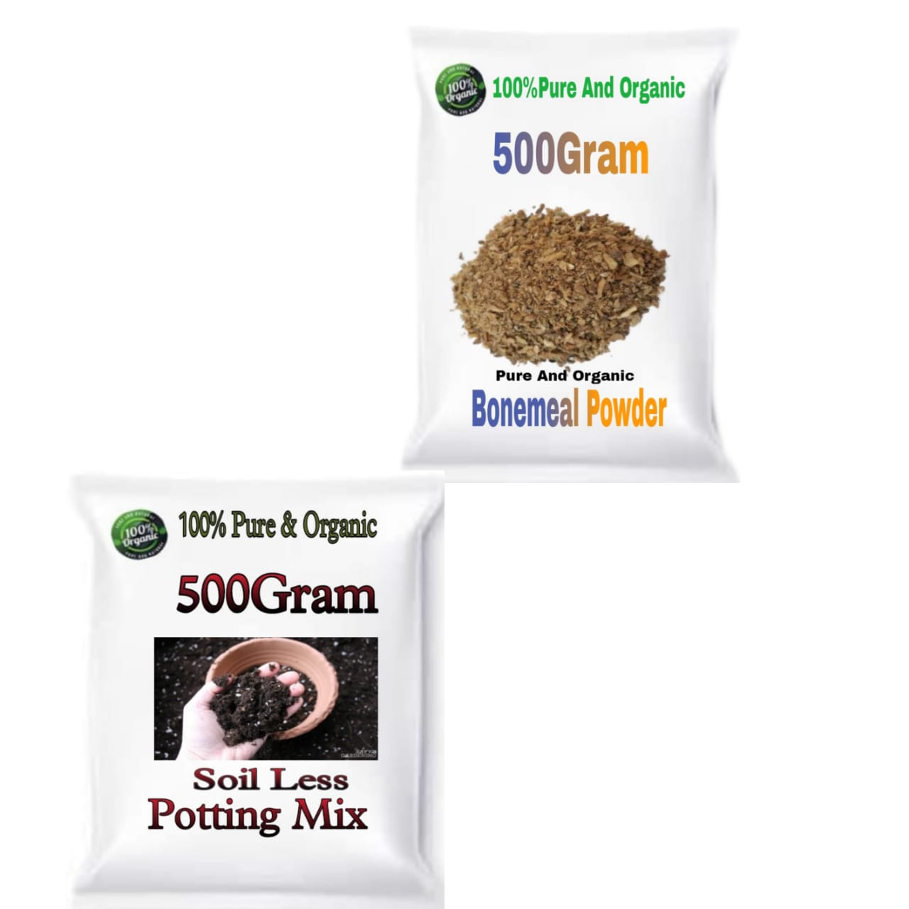 500gram soil less potting mix, 500gram bone meal powder 