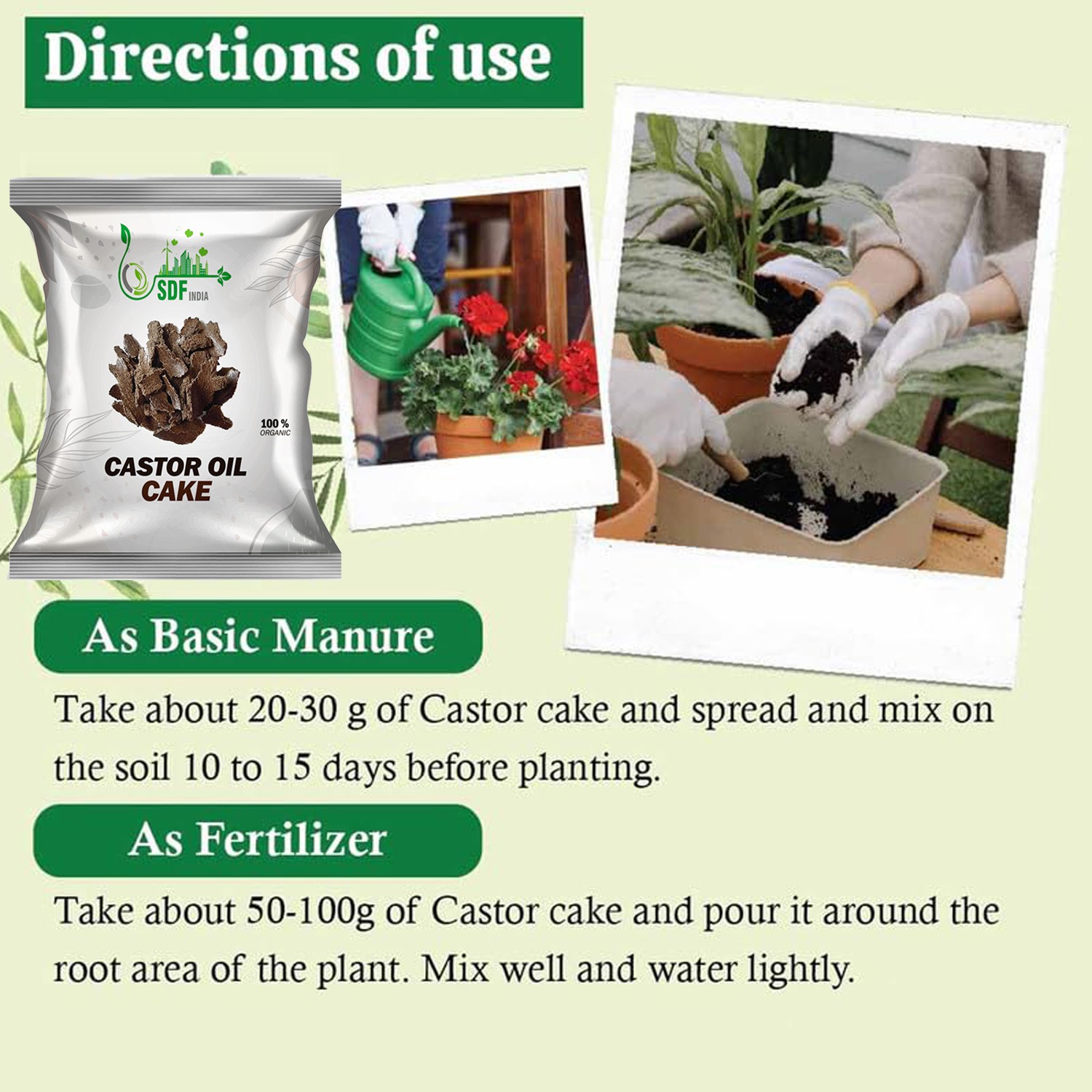 6090  SDF India Castor Oil Seed Cake Powder | 100% Natural, Organic NPK Fertilizers | Micronutrients for Plants | Home & Terrace Gardening | Boosts Plant Growth & Pest Repellent (1Kg) (SDFindia1kgCC)(6090_Castor cake_1kg)