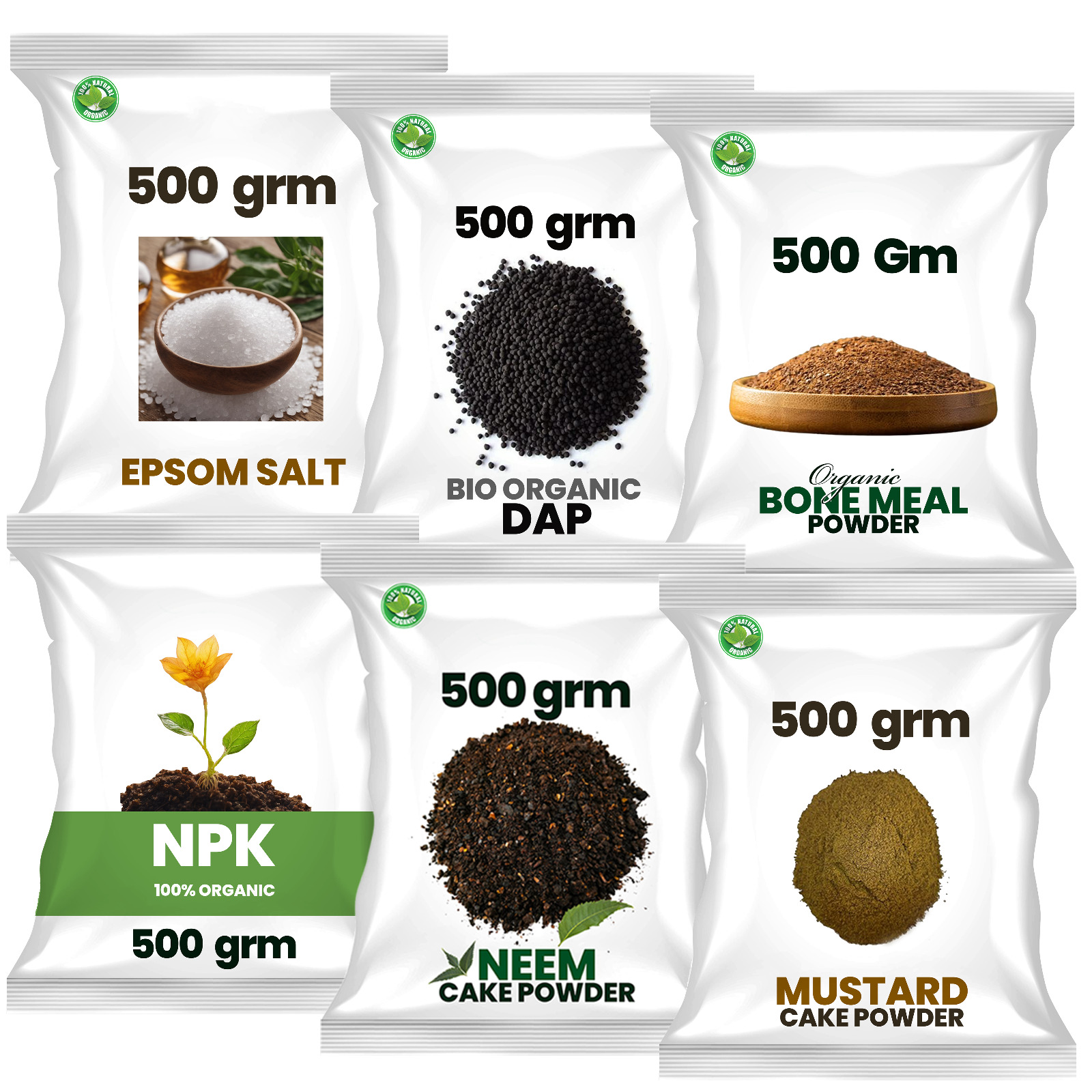 combo 6 epsom salt , dap , bone meal , npk , neem cake  , mustard cake for plants ( each 500 grm ) 