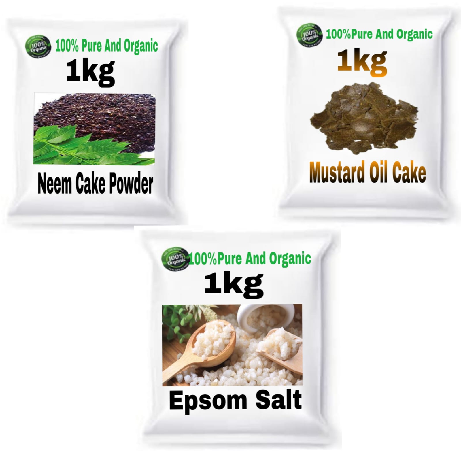 Combo Pack 3(1Kg Neem Cake Powder //1Kg Musturd Oil Cake //1Kg Epsom Salt )