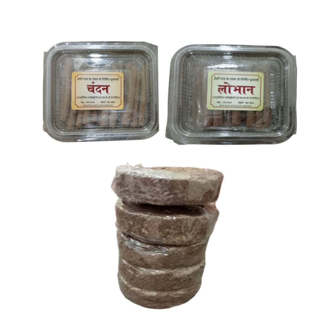 Combo Pack OF 3 ( Natural Dhoop Sticks For Prayer, Chandan , Lobhan (Cowdung Cake Gobar Upla ( set of 5 )