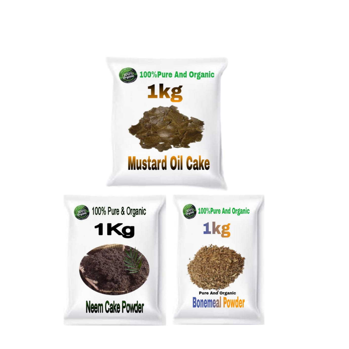 Combo Pack Of 3 ( Neem Cake Powder 1kg , Bonemeal Powder 1kg, Mustard Cake Powder 1kg )