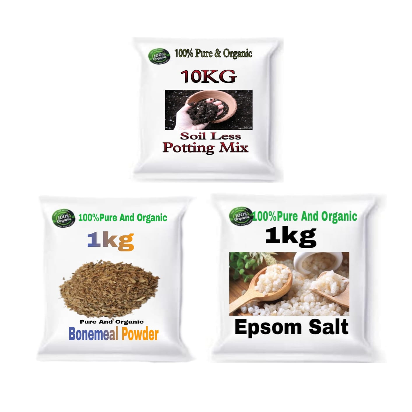 Combo Pack of 3 (Soil Less Potting Mixture 10kg, Bone Meal 1kg & Epsom Salt 1kg)