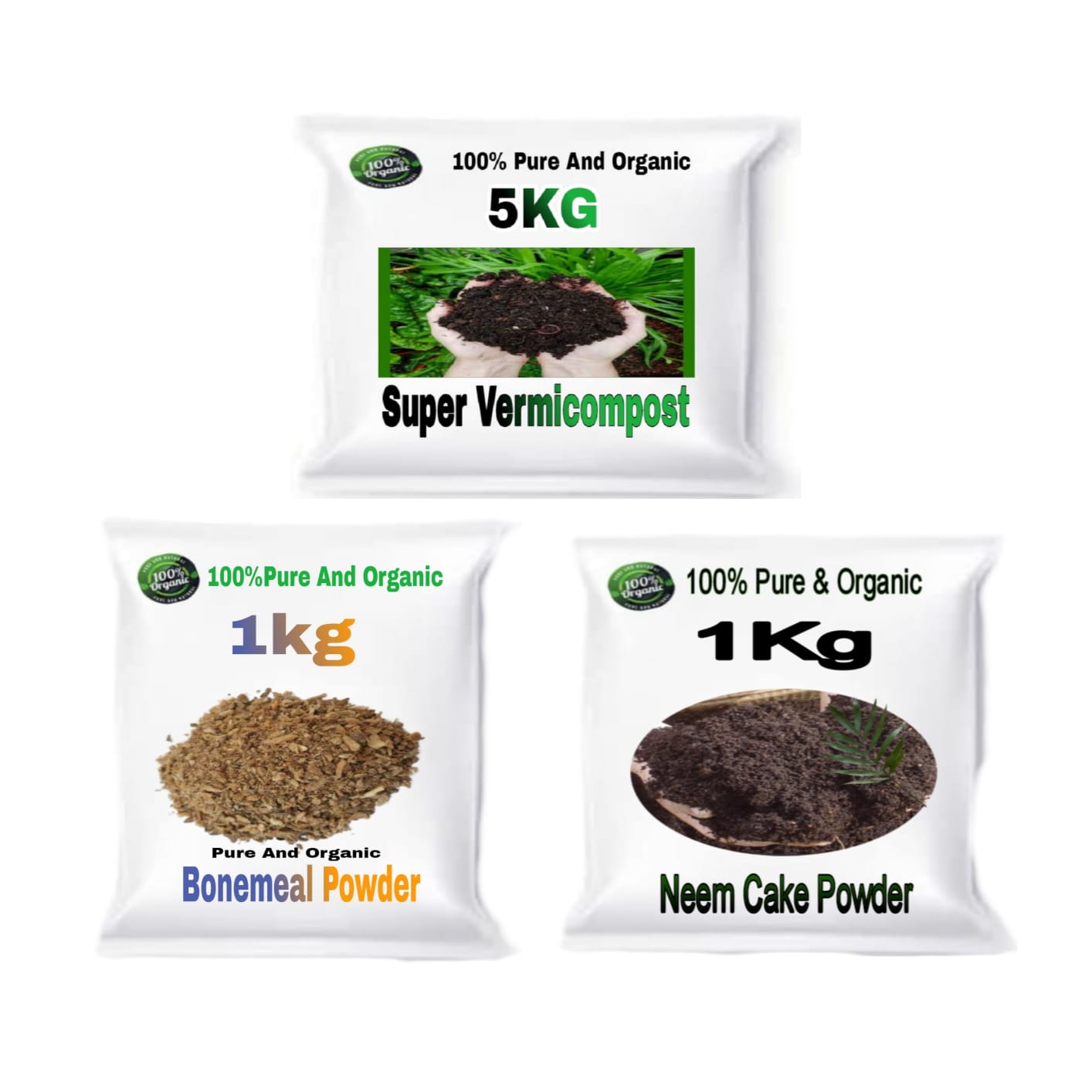 Combo Pack of 3( Super Vermicompost 1kg ,  Bonemeal Powder 1kg , Neem Cake Powder 1kg )