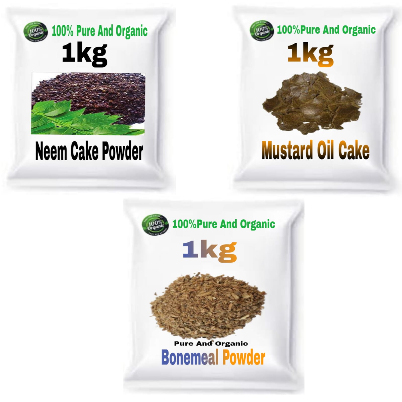 Combo Pack of 3(1 KG Bonemeal Powder /1 KG Mustard Oil Cake /1 KG Neem Cake Powder) 