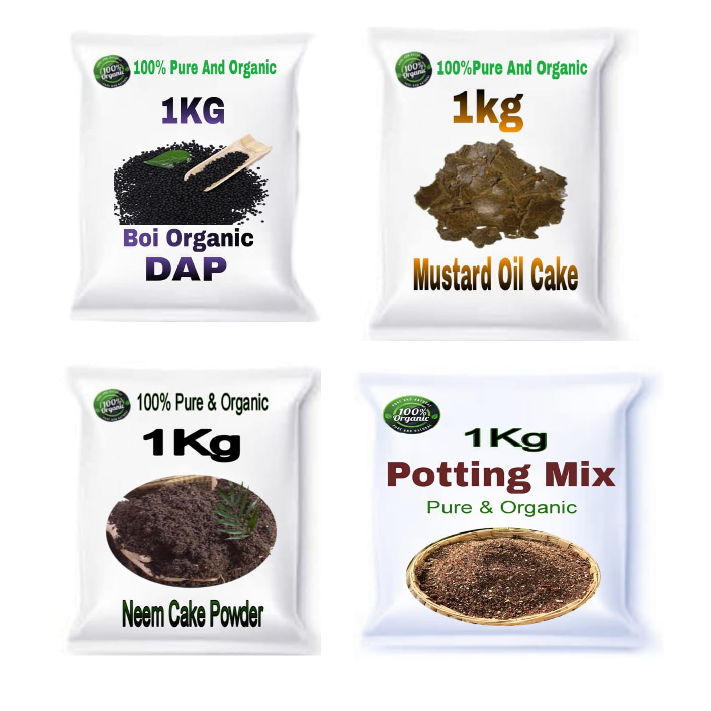 Combo Pack of 4 (Bio Organic DAP, , Mustard Oil Cake, Neem Cake Powder, Potting Mix (Each 1kg Total 4 kg)