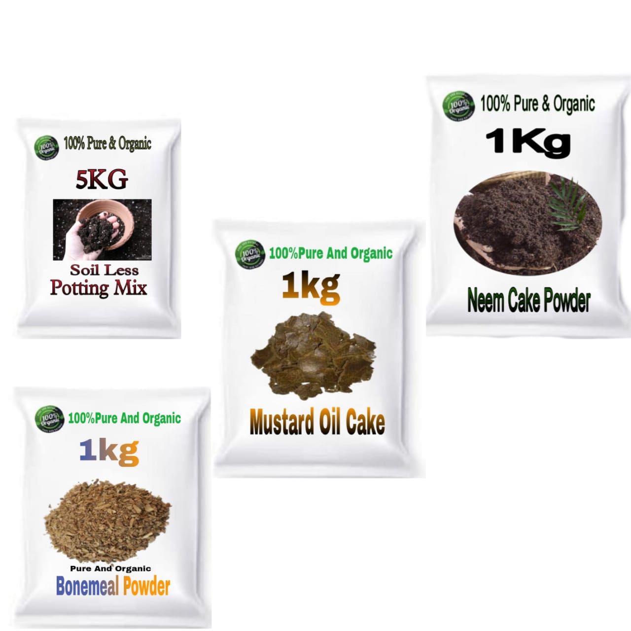 Combo Pack of 4 (Soil Less Potting Mix 5KG, 1KG Neem Cake Powder, 1KG Bonemeal Powder, 1KG Musturd Cake Powder)