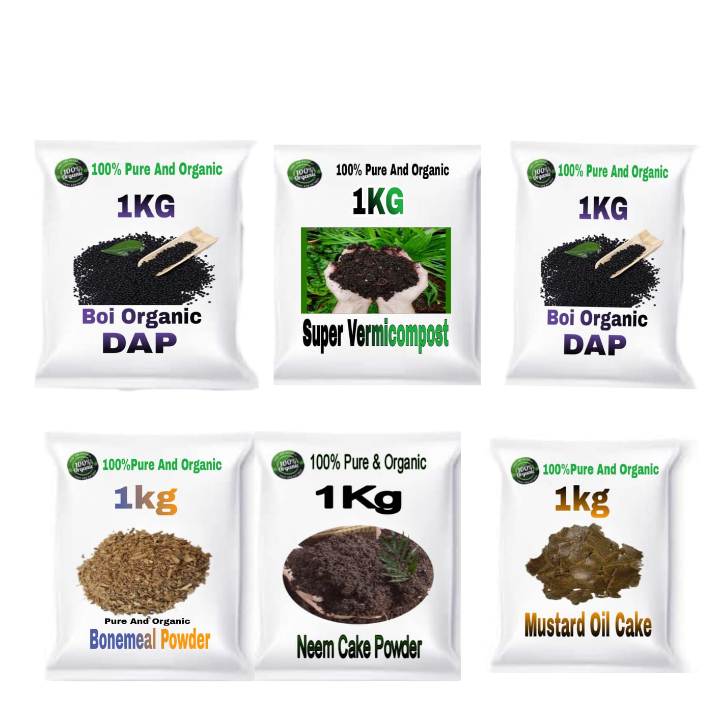 Combo Pack of 6 (Bio Organic DAP 1kg , Supervermi Compost 1kg , DAP 1kg ,Bone Meal Powder 1kg ,Neem Cake Powder 1kg, Mustard Oil Cake 1kg )