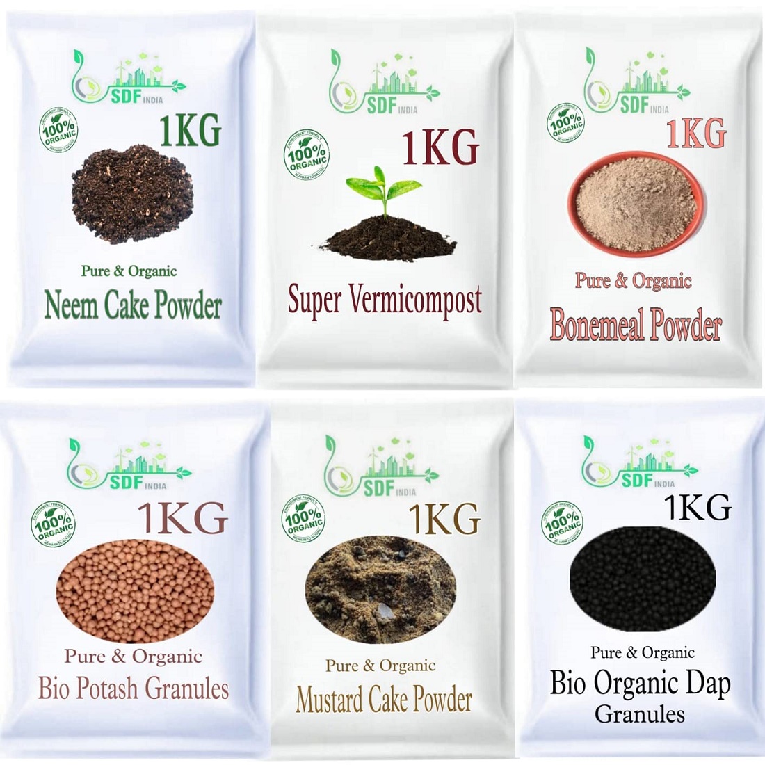 COMBO PACK OF 6 Garden Kit (1kg Neem Cake Powder/1kg Super Vermicompost/1Kg Bone Meal Fertilizer/1kg Mustard Oil Cake /1kg Bio Potash Granuel/1Kg Bio Organic DAP)