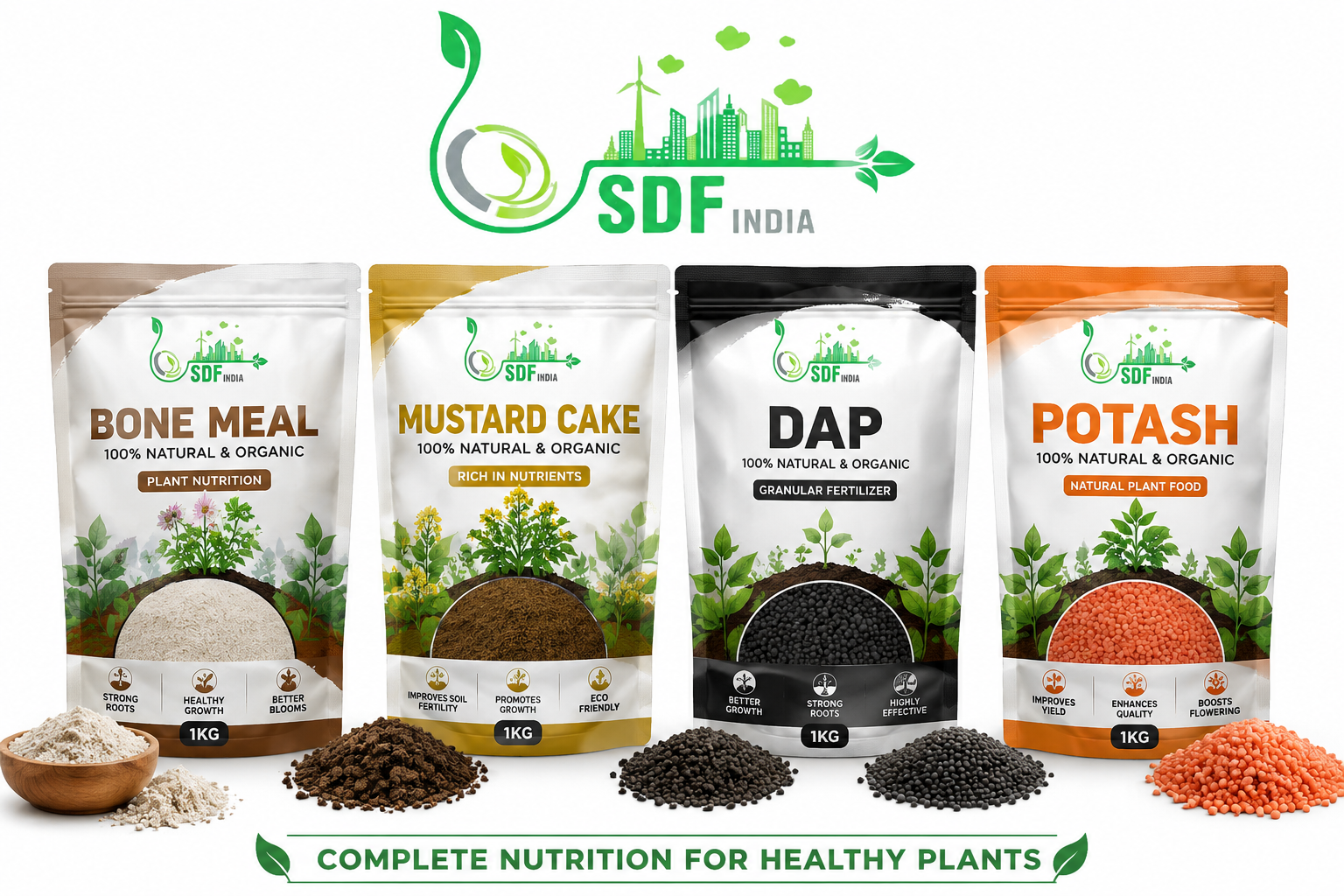 SDF INDIA Organic Plant Nutrition Combo Pack 4 x 1 Kg (Bone Meal + Mustard Cake + DAP + Potash) | Complete Plant Food Kit for Flowers, Vegetables, Fruits & Indoor/Outdoor Plants | Total 4 Kg