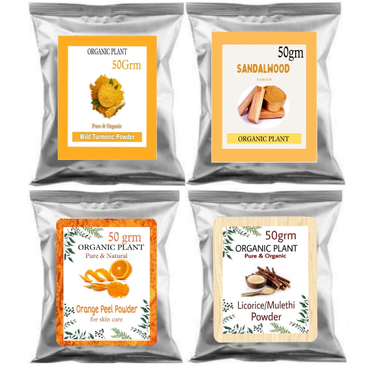 SDF INDIA Haldi, Chandan, Orange, Mulethi Powder Combo-200g(50g x 4 Pack) |Wild Turmeric Powder, Chandan Powder, Orange Peel Powder, Liquorice/Mulethi Powder For Face Pack, Skin & Hair Growth