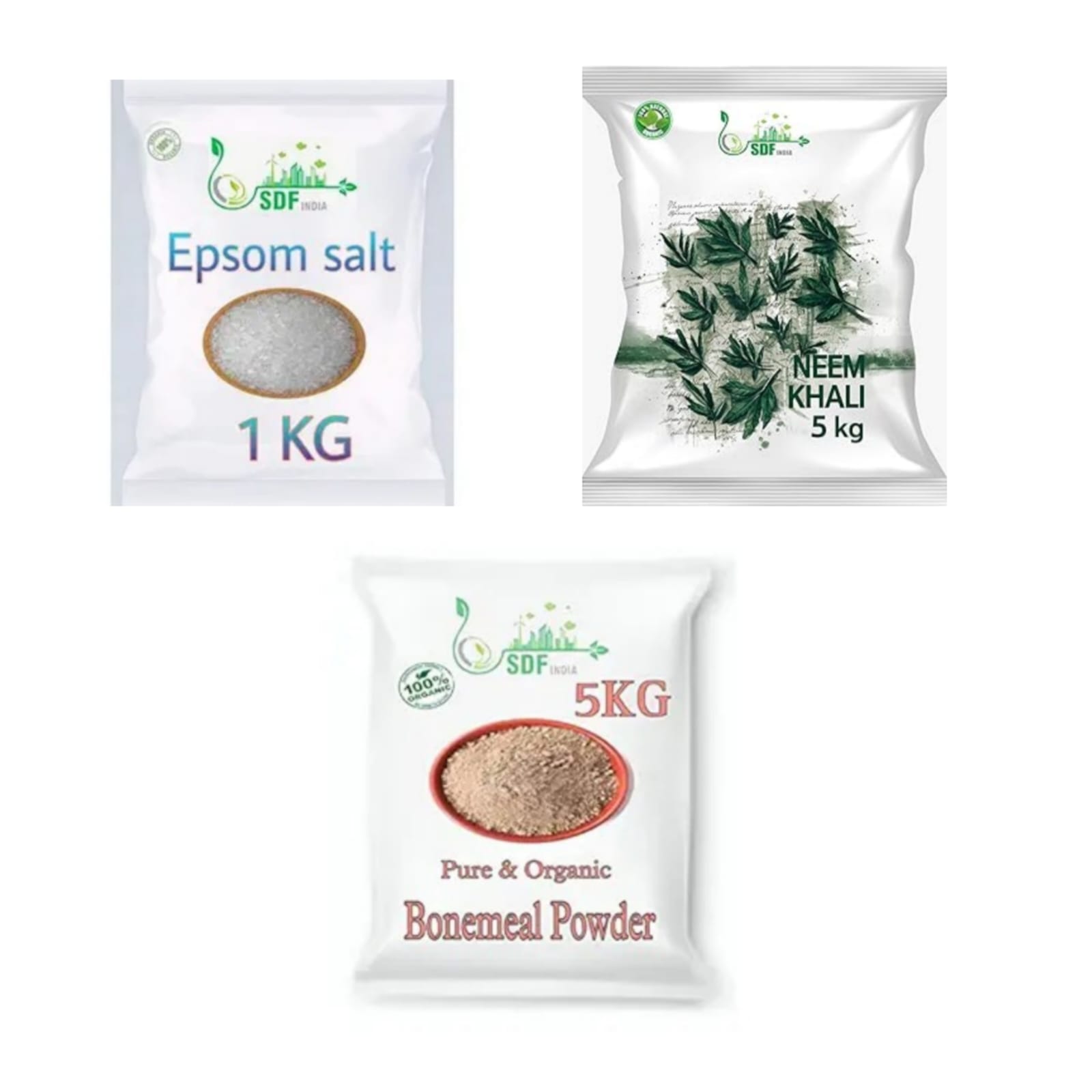 SDF BONE MEAL 5 KG NEEM CAKE POWDER 5 KG EPSOM SALT 1 KG FOR GRADNING 