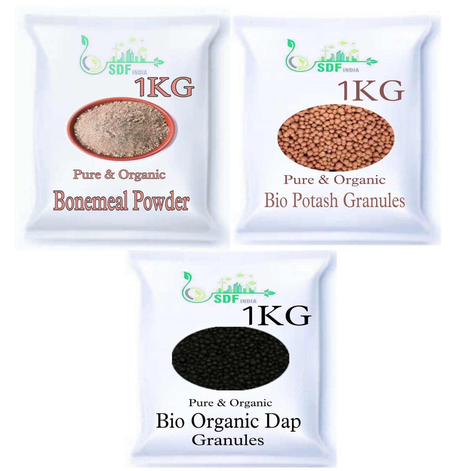 SDF Combo Pack OF 3 ( 1 KG Bonemeal Powder /1 kg Bio Potash Granuels/ 1 kg Bio Organic Dap Granuel ) 