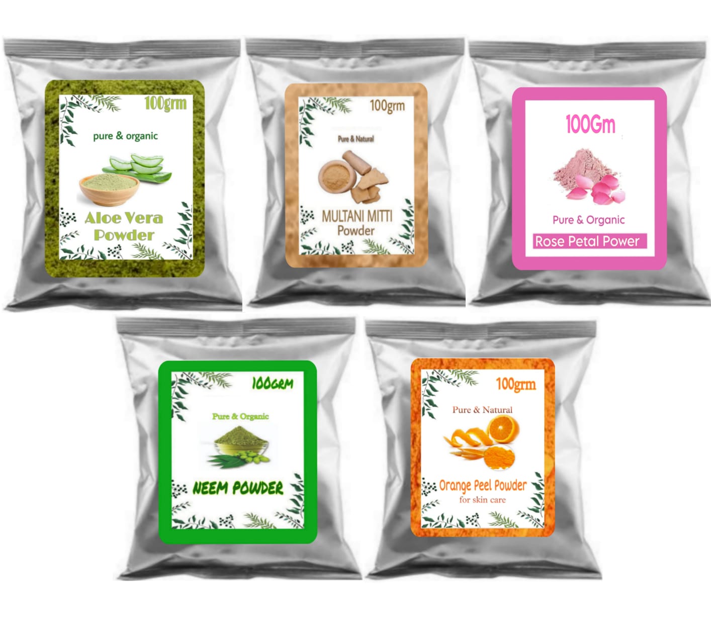 SDF INDIA 100% Pure & Natural 5 in 1 Pack (Aloe Vera Powder/ Multani Mitti Powder/Rose Petal Powder/Neem Powder/Orange Peel Powder 100Grm ,Each)