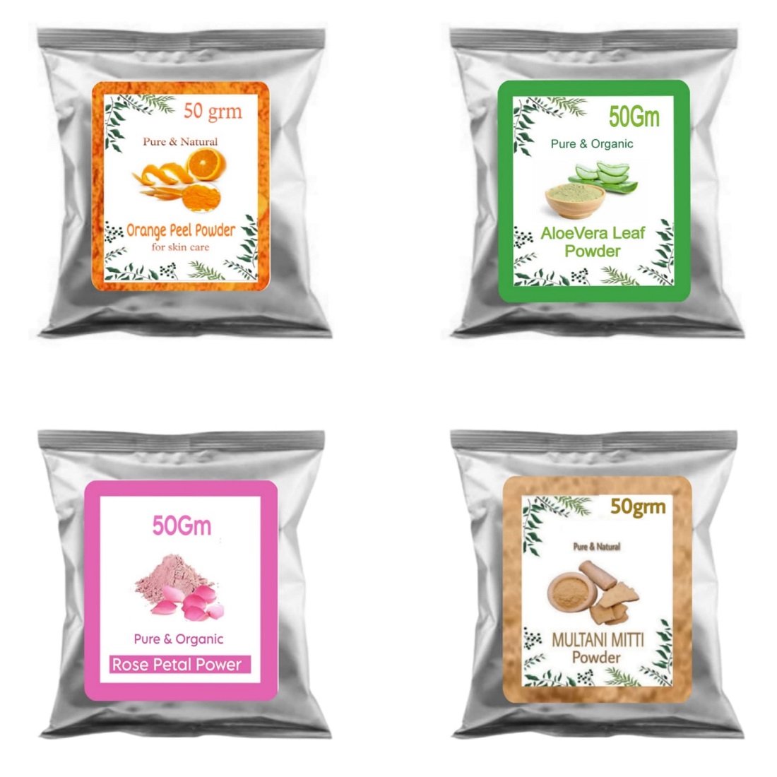 SDF INDIA (100% Pure & Organic Orange Peel Powder/Aloe Vera Powder/Rose Petal Powder /Multani Mitti Powder(50Gm Each)