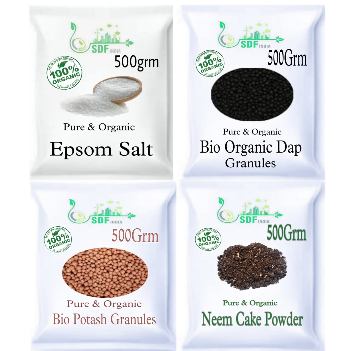 SDF INDIA  4IN 1 COMBO PACK(Epsom Slat /Bio Organic DAP/Bio Potash Granuels/Neem Cake Powder Each 500Grm)