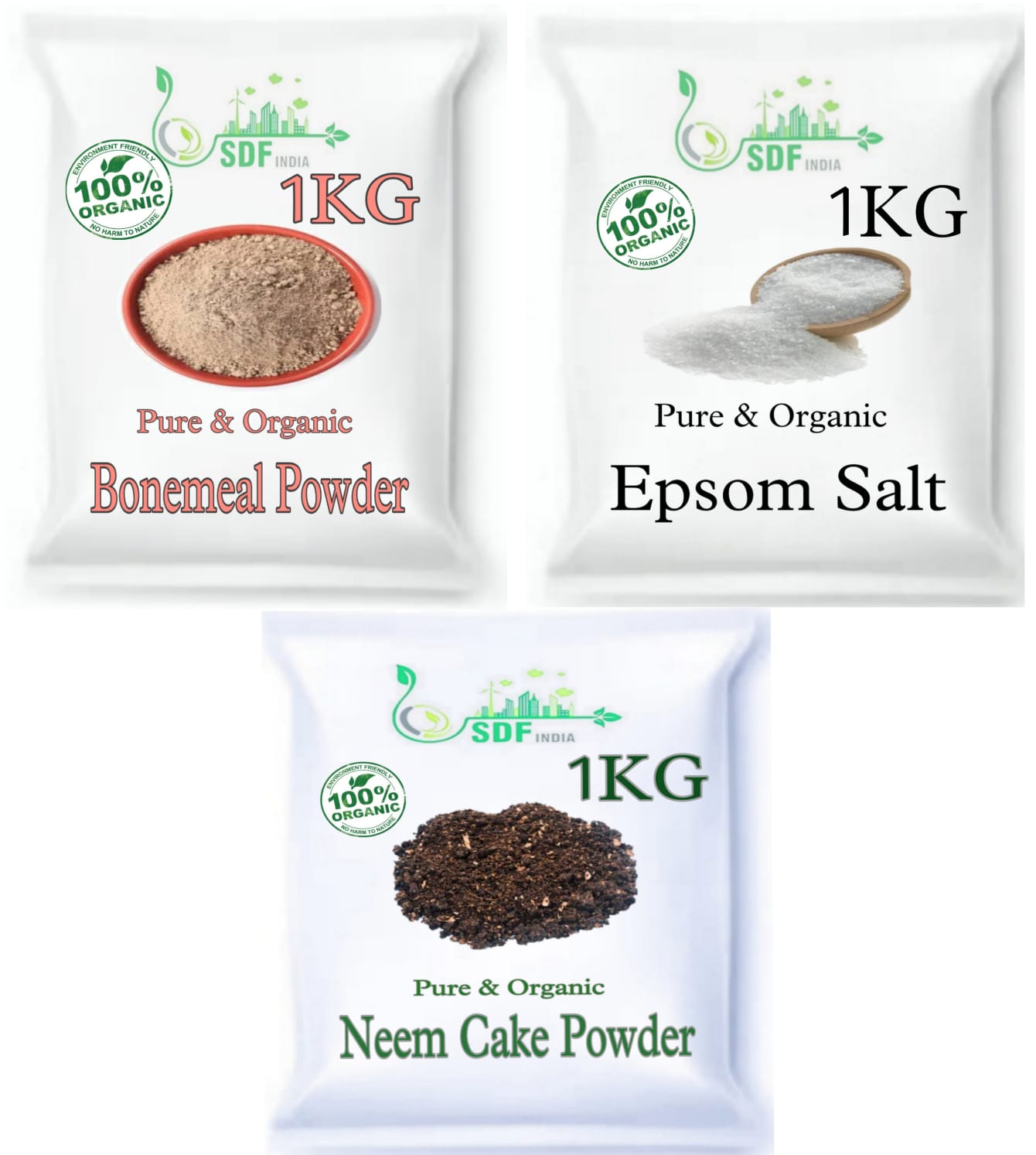 SDF INDIA  Combo Pack Of 3 (1KgBonemeal Powder / 1Kg Epsom Salt)/1Kg Neem Cake Powder)