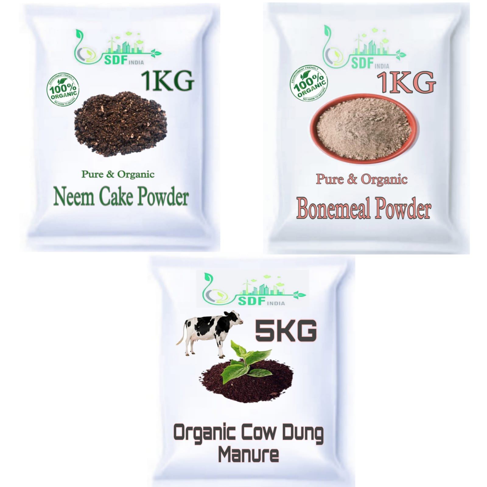 SDF INDIA COMBO PACK OF 3 (1KGNEEM CAKE POWDER/1KG BONE MEAL POWDER/5KG COW DUNG MANURE