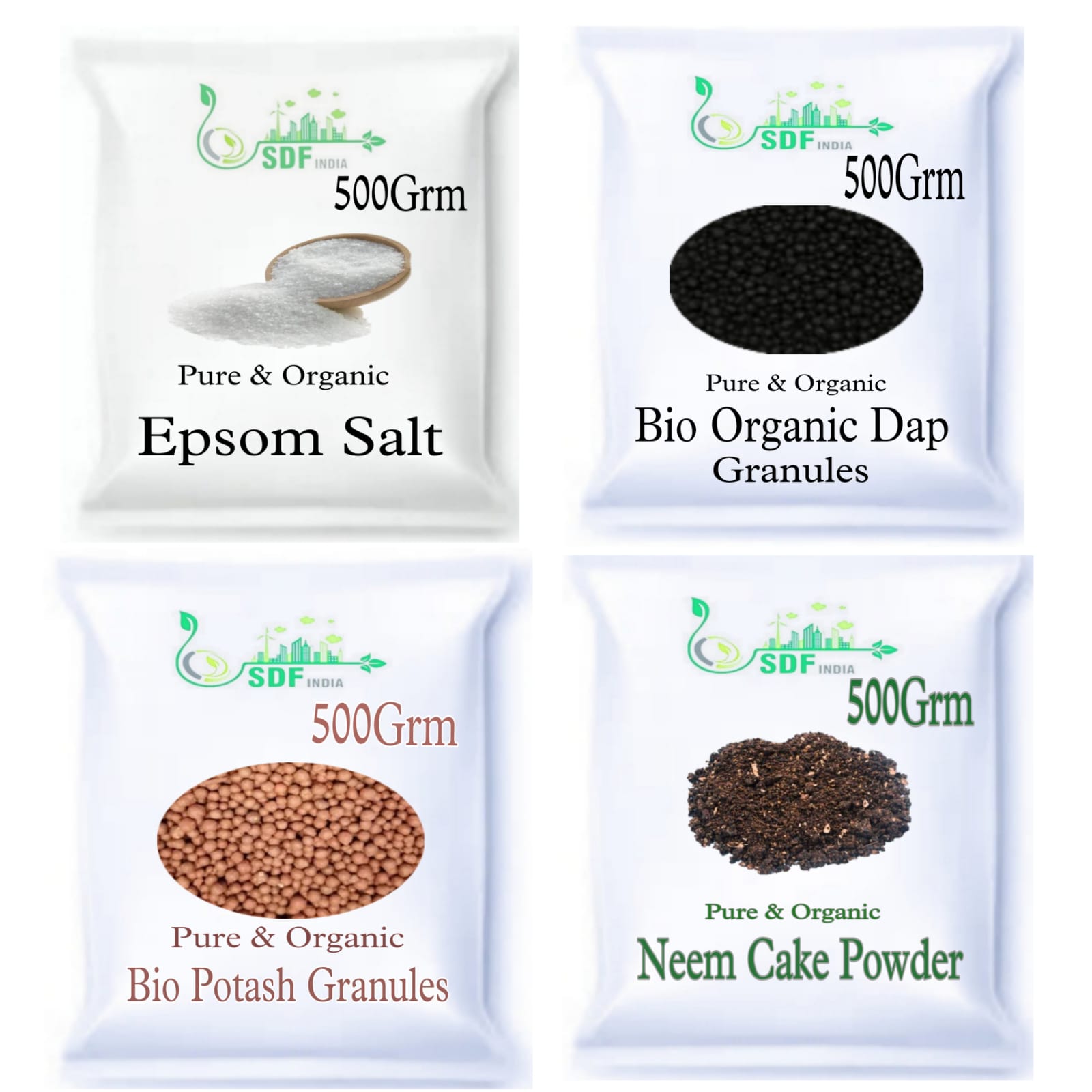 SDF INDIA Garden Kit Pack of 4 ( 500 GRM Epsom Salt/ 500 grm Bio Organic dap Granule/ 500 grm Bio Potash Granules/  500 grm Neem Cake powder)