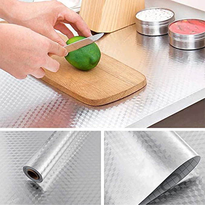 SDF INDIA Kitchen Aluminium Silver 3D foil Stickers Kitchen Wallpaper, Oil Proof Waterproof Heat Resistant Big Size Aluminium Sheet for Kitchen(Silver 3D