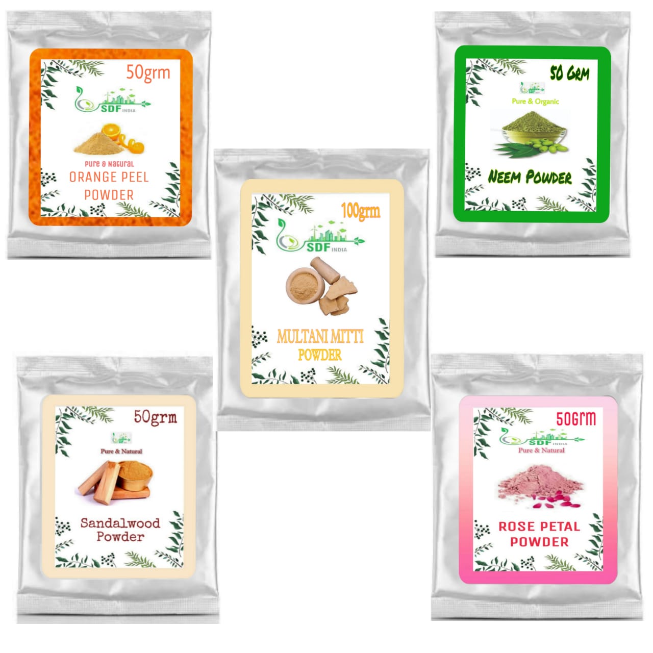 SDF INDIA multani mitti powder100gm |Sandlwood powder 50gm|orange peel powder 50gm |neem powder50 |rose powder50g for face |facepacks (300g, Pack of 5)