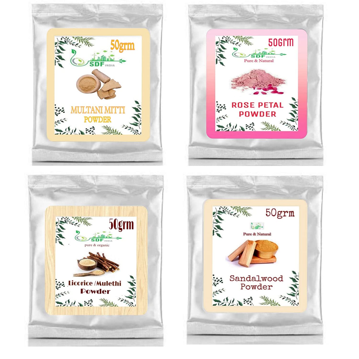 SDF INDIA Multani Mitti Powder/Rose Petal Powder/Licorice/Mulethi Powder/Sandlwood Powder (50Gm Each)