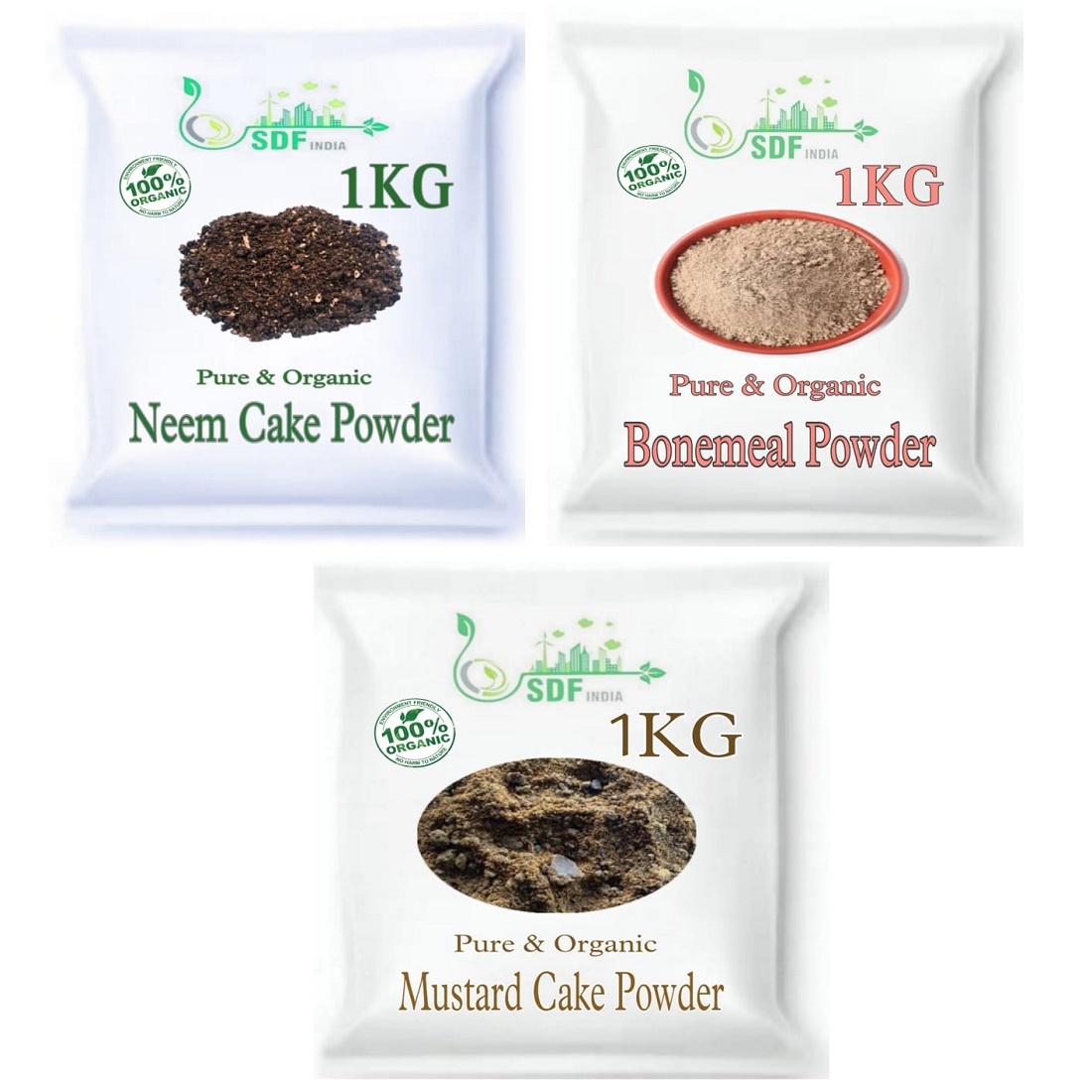 SDFindia Combo Pack Of 3 ( 1 kg Bonemeal Powder/ 1 kg Mustard Oil Cake Powder / 1 kg Neem Oil Cake Powder)