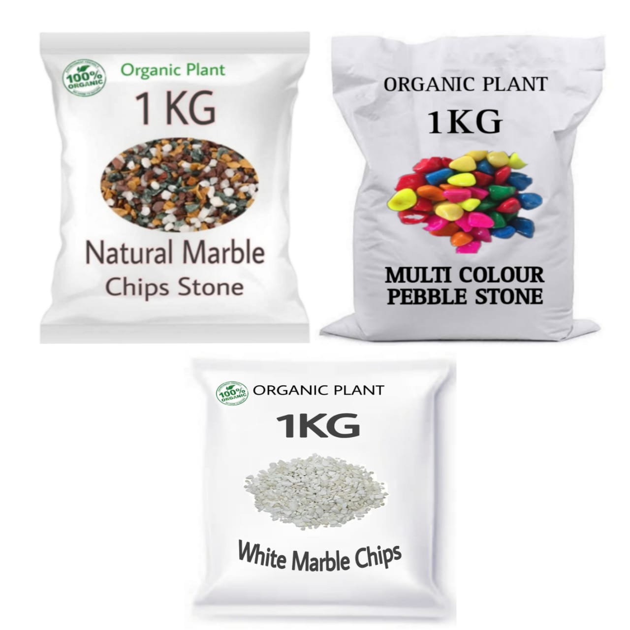 SDFindia Combo Pack of 3 (Natural Colour Marble Chips Stone/ Multi Colour Peeble Stone / White Marble CHIPS (1 kg each) 