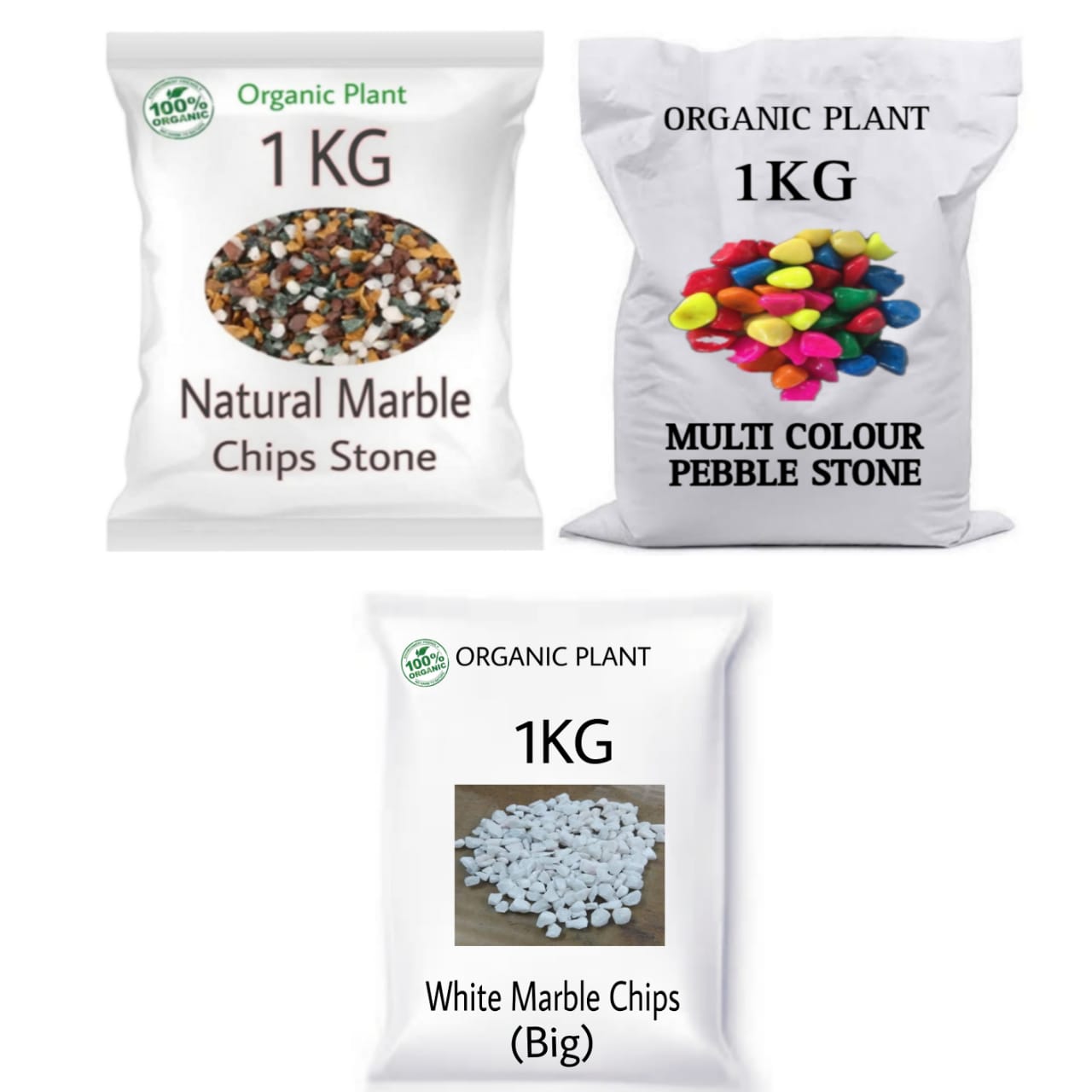 SDFindia Combo Pack of 3 (Natural Colour Marble Chips Stone/ Multi Colour Peeble Stone / White Marble CHIPS (Big) 1 kg each 