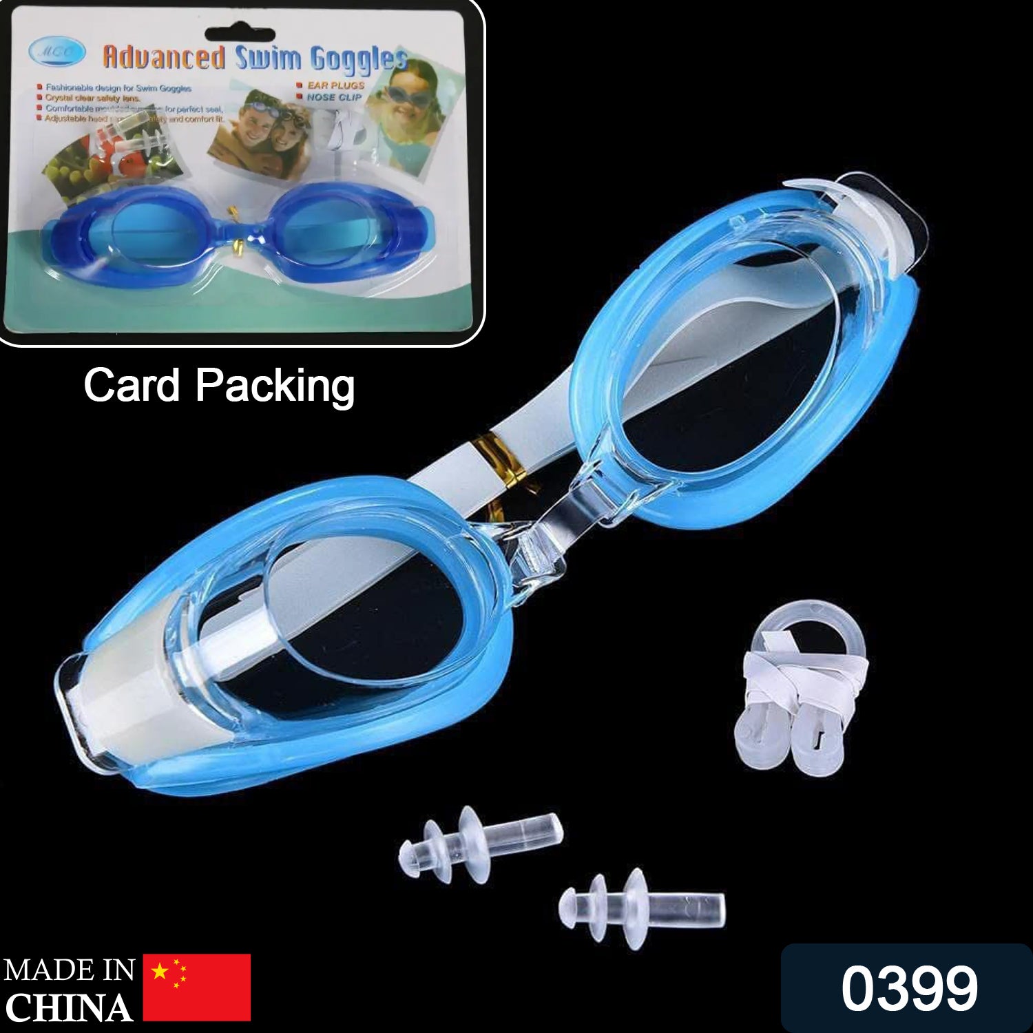 0399_swim_goggles Swimming Goggles  With Ear And Nose Plug Adjustable Clear Vision Anti-Fog Waterproof