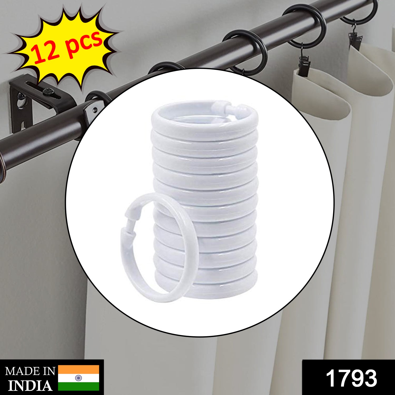 1793 Plastic Ring Bath Drape Loop Clasp Shower Curtain Hooks (Pack of 12Pcs)