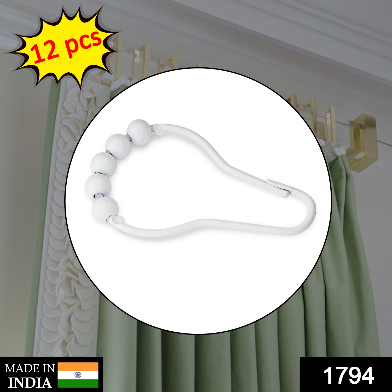 1794 Plastic Bath Drape Clasp Curtain Hooks (Pack of 12 Pcs)