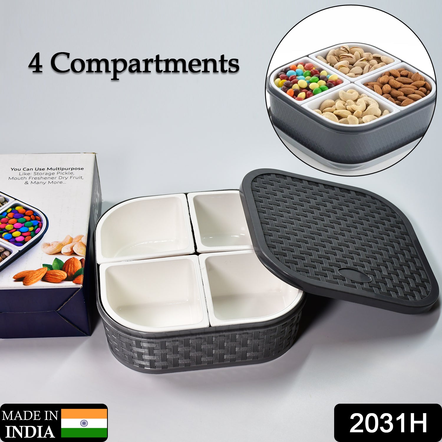2031h-plastic-4-sections-multipurpose-dry-fruit-chocolates-mouth-freshener-sweet-box-set-serving-tray Plastic 4 Sections Multipurpose Dry Fruit/ Chocolates/Mouth Freshener/Sweet Box Set | Serving Tray.