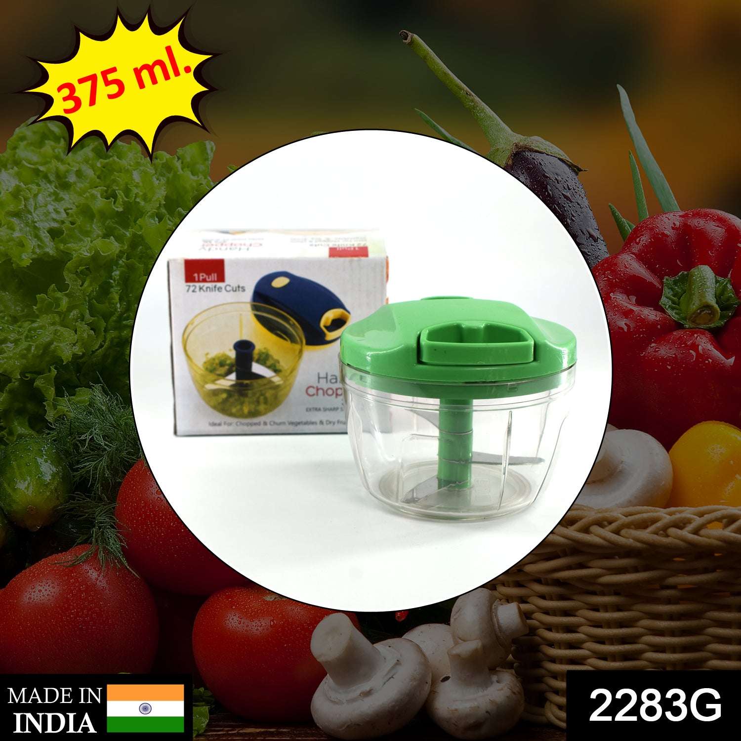 2283G Manual Green mini plastic food chopper with extra sharp blades (375 Ml)