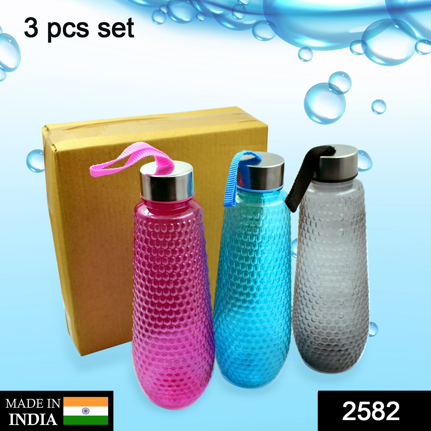 2582_3pc_steel_cap_bottle Plastic Fridge Water Set With Steel Finish Cap (3 Pieces 1 litre)