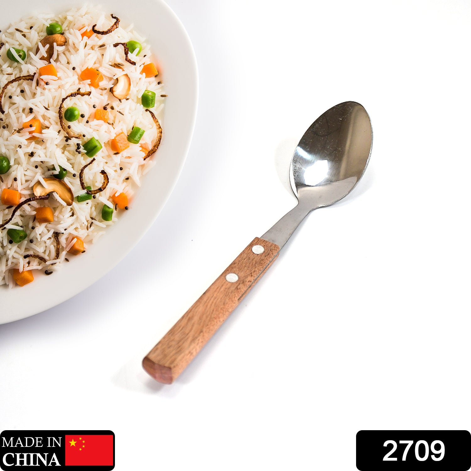 2709 STAINLESS STEEL WITH WOODEN HANDLE 1PC SPOON. SPOON FOR COFFEE, TEA, SUGAR, & SPICES.