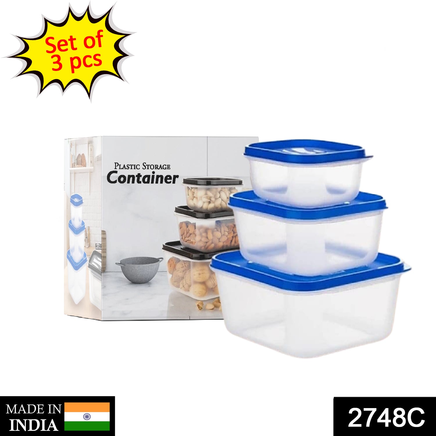 2748C 3 Pcs Square Shape Food Grocery Storage Container