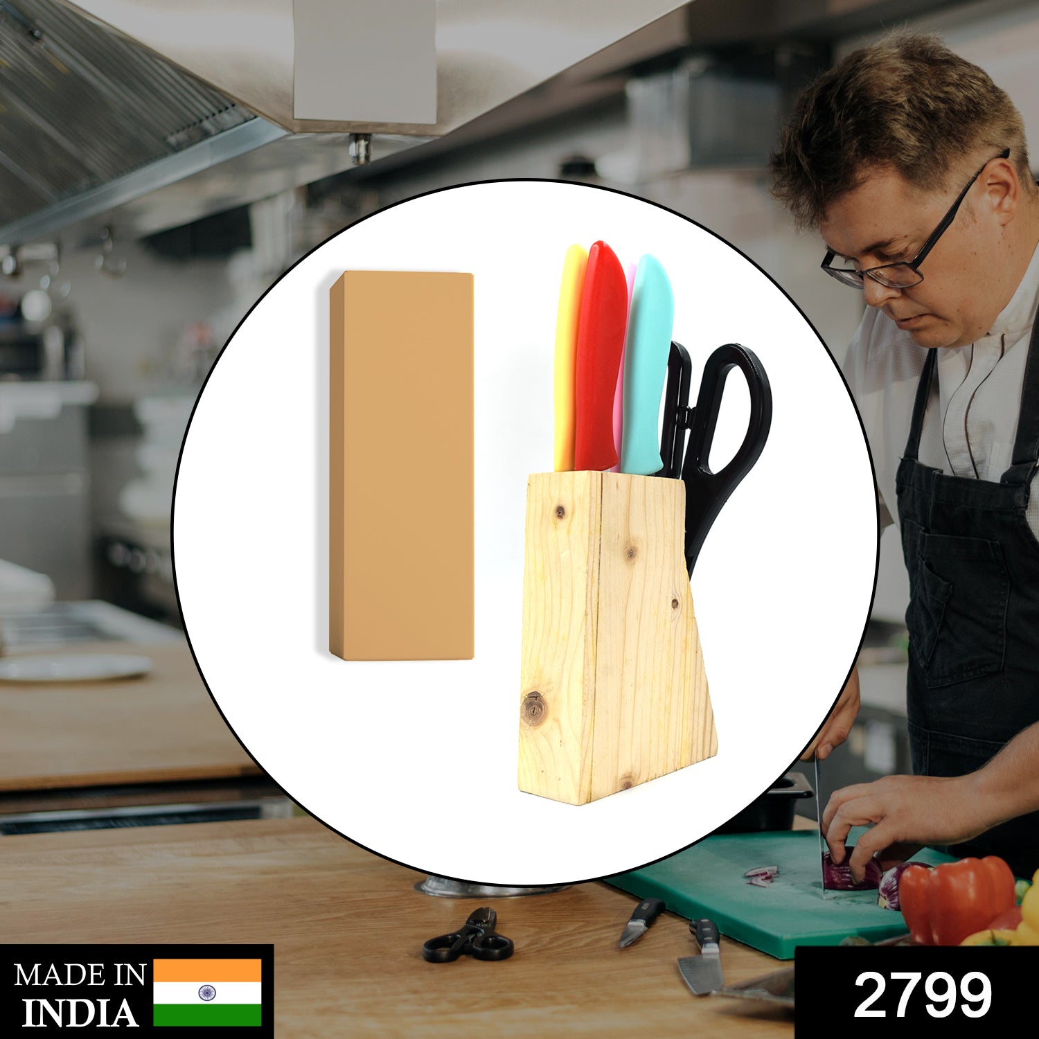 2799 Stainless Steel Kitchen 5-Pcs Knife Set with Wooden Stand for Vegetable & Meat Cutting Scissor (Knife Set)