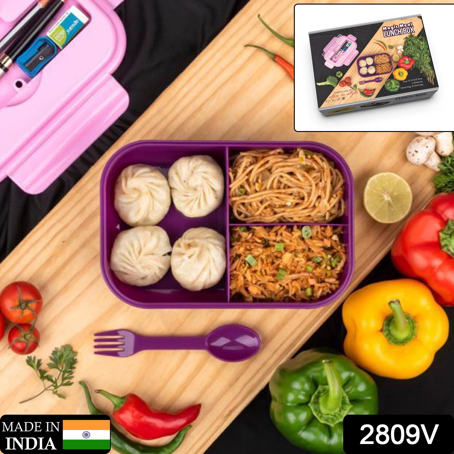 2809V LUNCH BOX 3 COMPARTMENT PLASTIC LINER LUNCH CONTAINER, PORTABLE TABLEWARE SET FOR OFFICE , SCHOOL & HOME USE