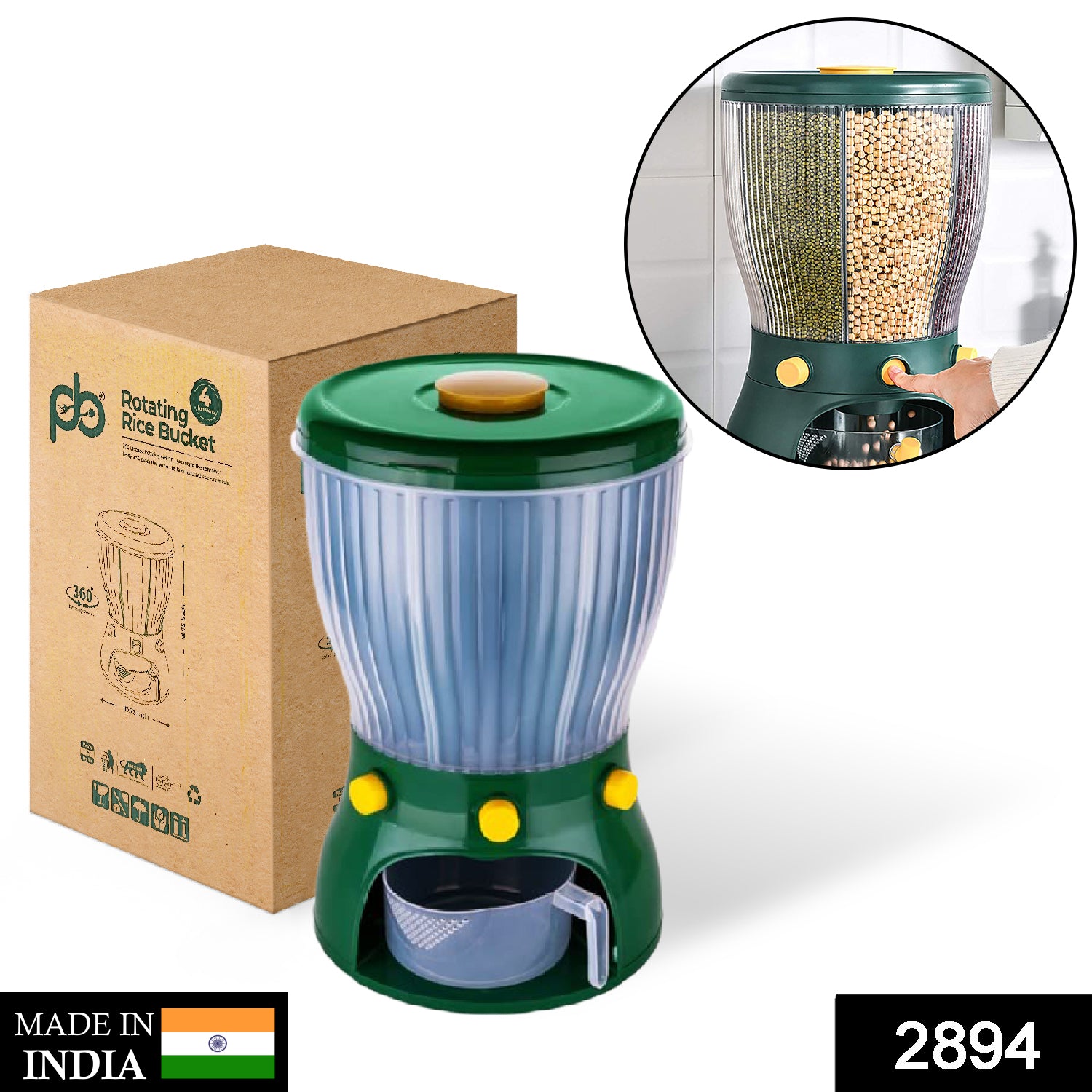 2894 Food Grain Storage Container Large Capacity 4-Grid Rice Dispenser Rotatable Sealed Grain Food Storage Box Rice Bucket Dry Food Fruit Box for Home Kitchen