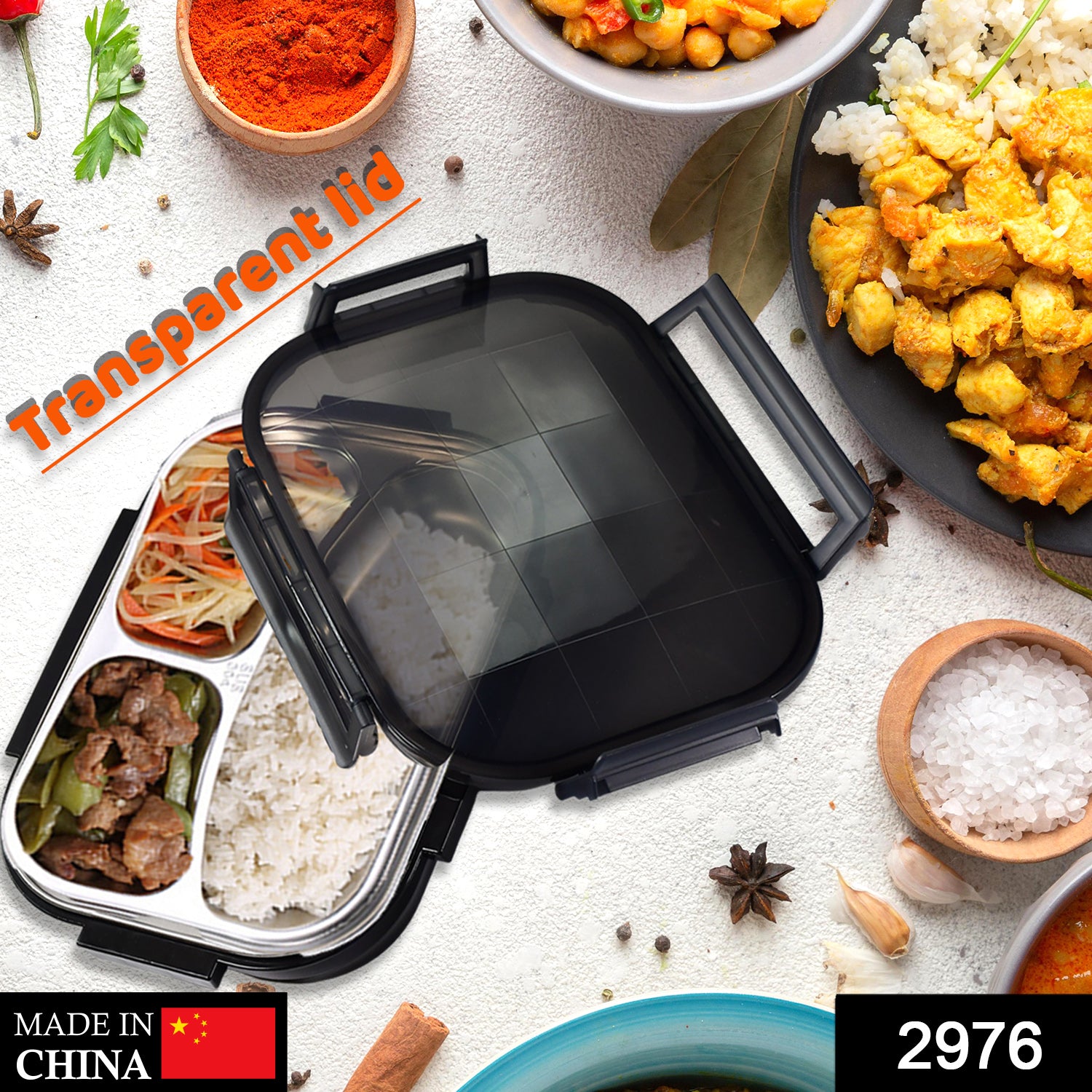 2976 Black Transparent Lunch Box for Kids and adults, Stainless Steel Lunch Box with 3 Compartments.