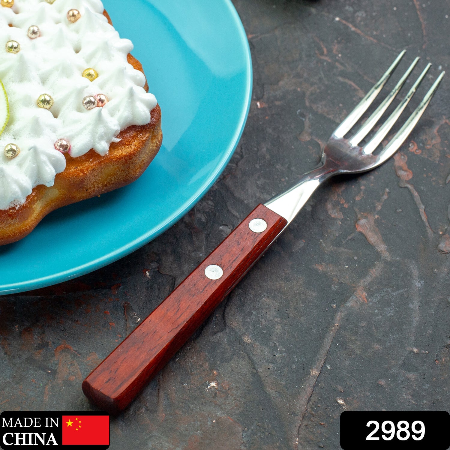 2989 1pc Stainless steel fork with wooden handle.