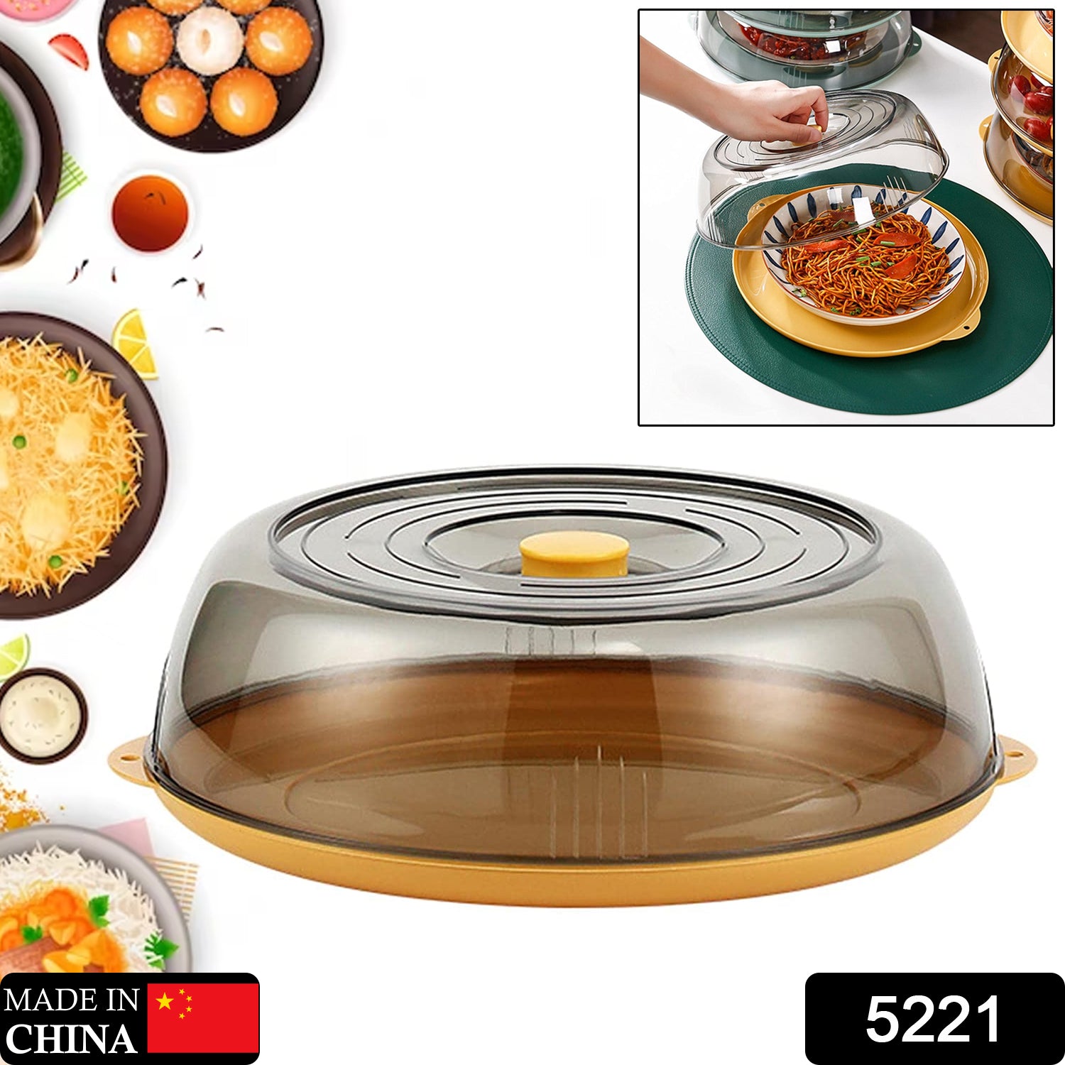 5221 Food Cover Microwave Splatter Cover for Food Blue Food Tray with Plate Serving Cover for Guard Lid with Knob Handle